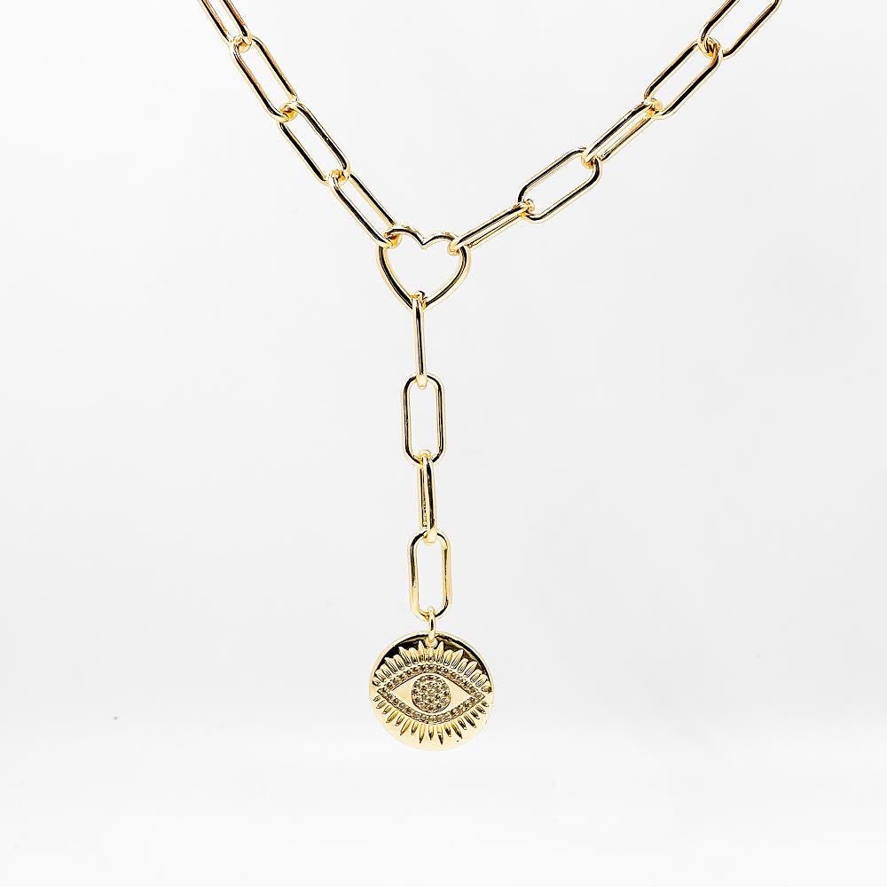 Collar Lariat Chapado en Oro con Enlace de Corazón y Dije de Ojo Turco
