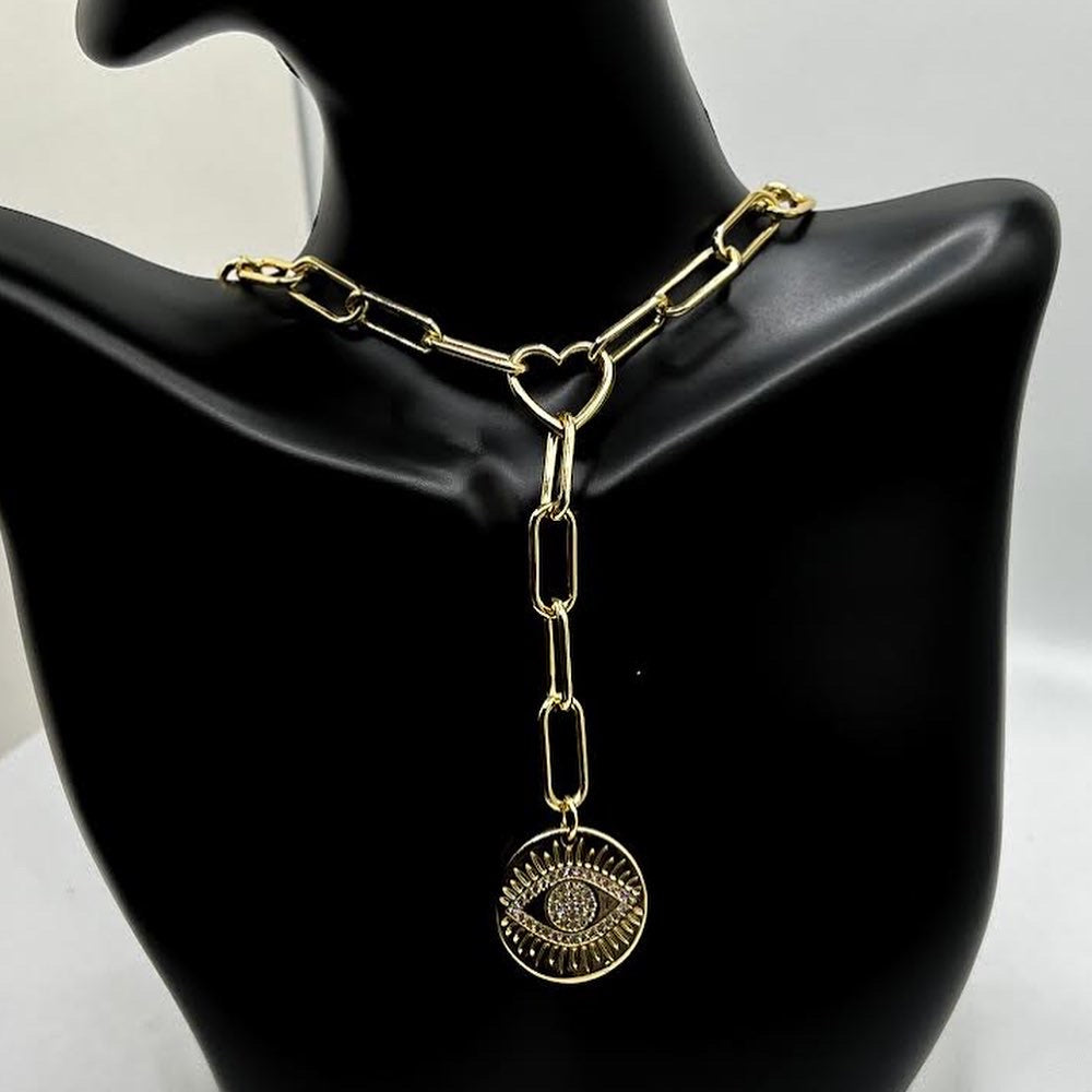 Collar Lariat Chapado en Oro con Enlace de Corazón y Dije de Ojo Turco