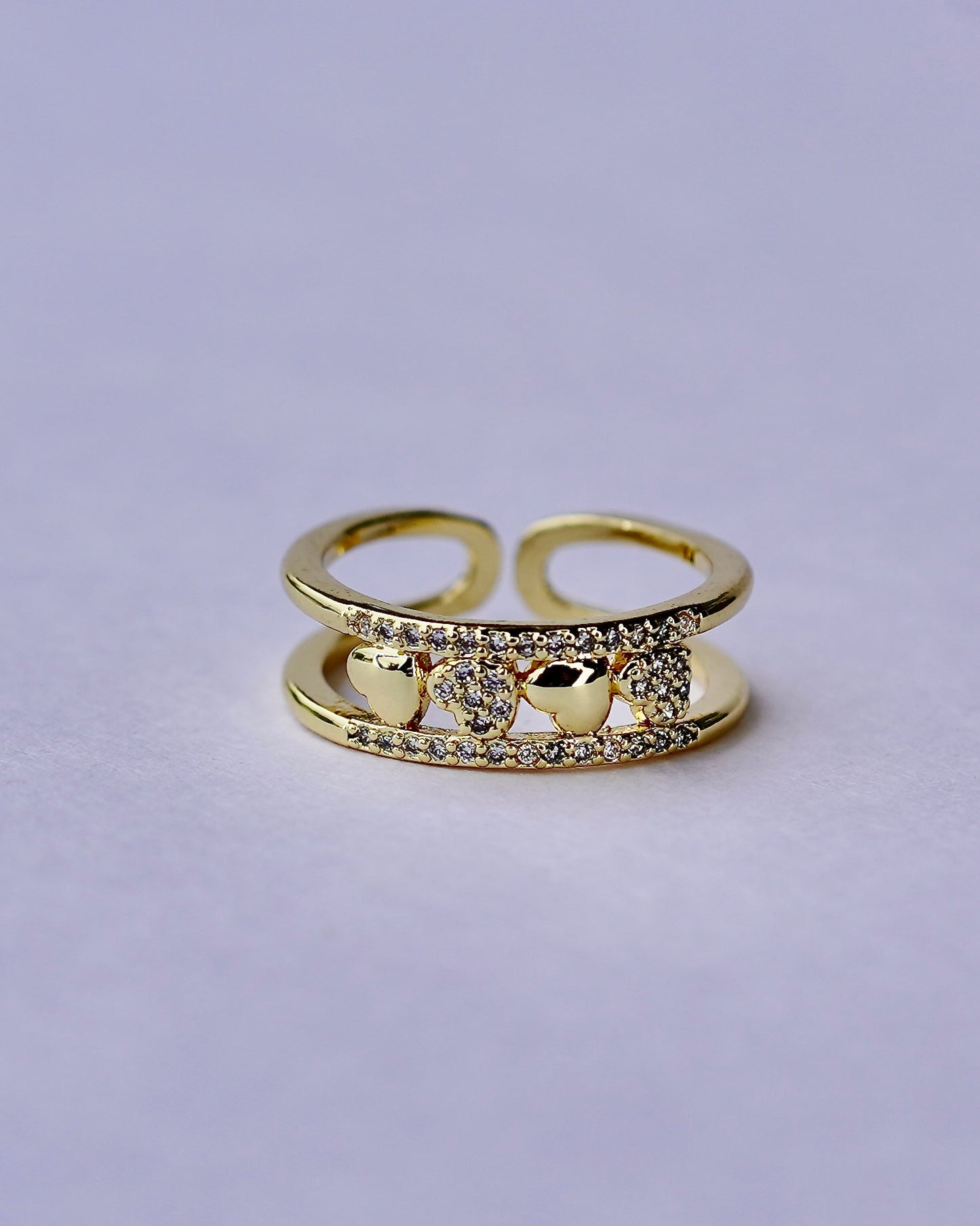 Adjustable Gold Heart Ring with Zirconia Accents