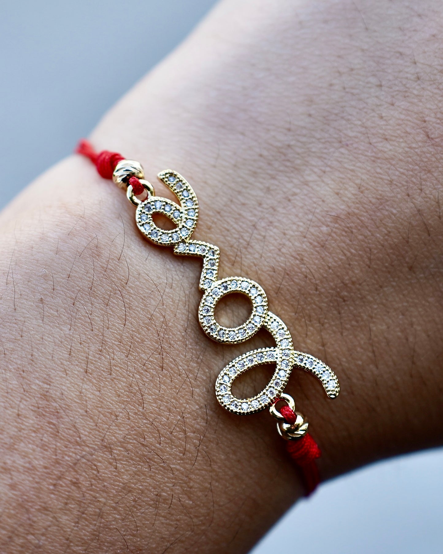 Love Script Bracelet – Red Cord with Crystal Accents