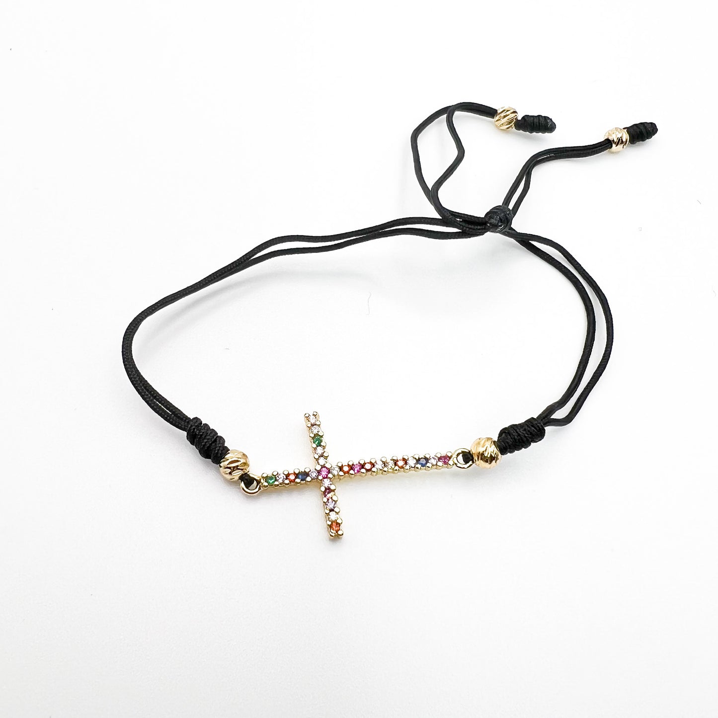 Gold-Plated Multicolor Cross Bracelet – Adjustable Cord