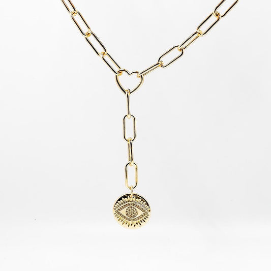 Collar Lariat Chapado en Oro con Enlace de Corazón y Dije de Ojo Turco