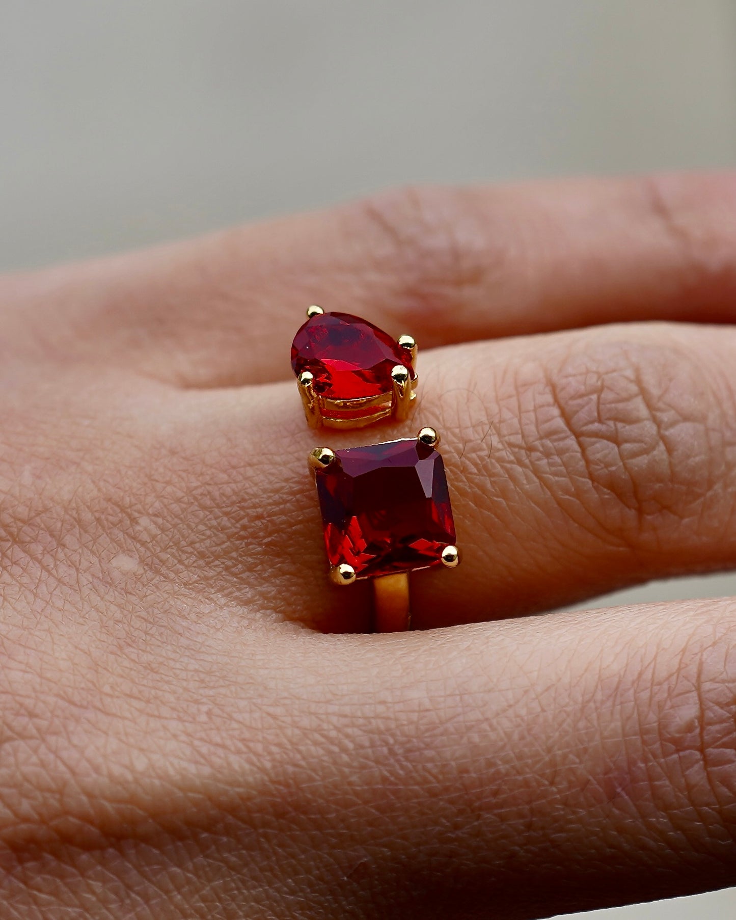 Dual Gem Red Zircon Adjustable Ring