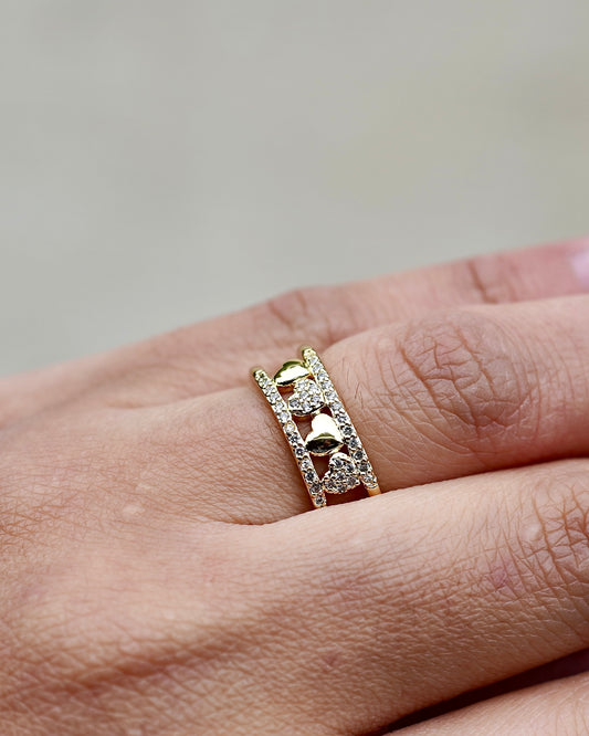 Adjustable Gold Heart Ring with Zirconia Accents