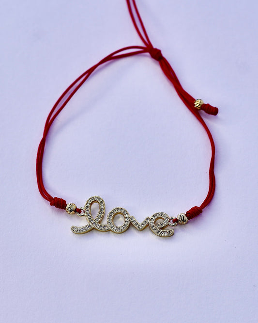 Love Script Bracelet – Red Cord with Crystal Accents