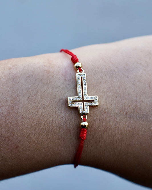Gold-Plated Cross Bracelet with Red Adjustable Cord