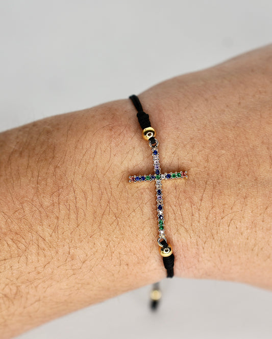 Gold-Plated Multicolor Cross Bracelet – Adjustable Cord
