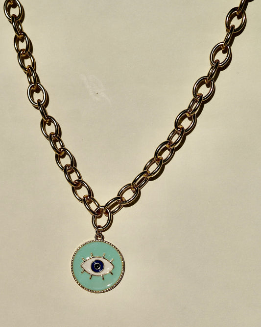 Collar Dorado con Dije Redondo de Ojo Protector en Turquesa